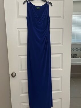Lauren Ralph Lauren Cowl-Neck Maxi Gown in Royal Blue with Embellished Shoulders